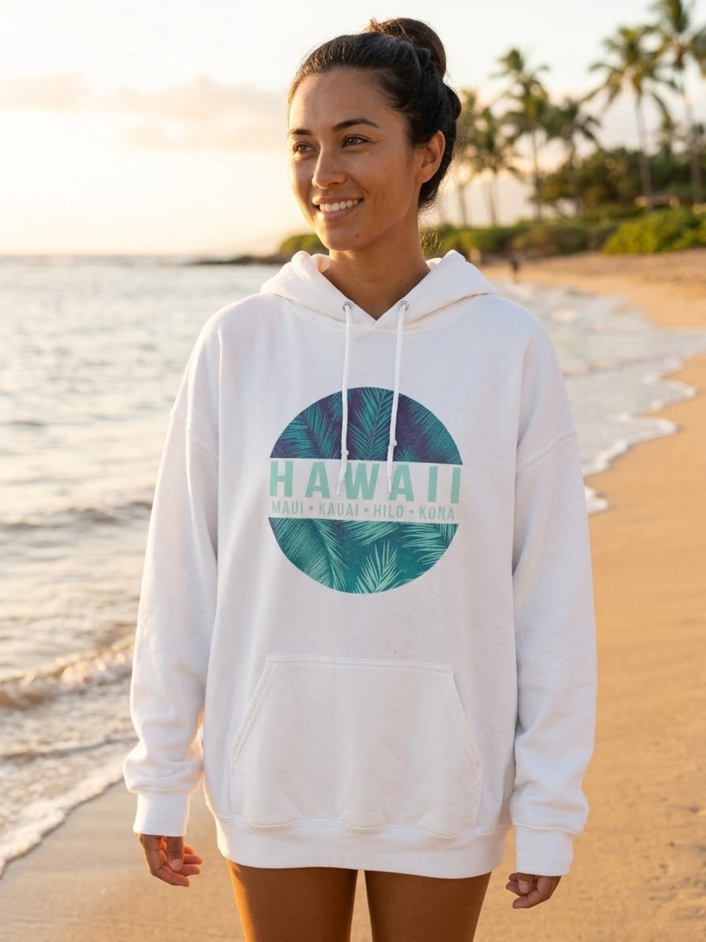Hanes White Hoodie with Teal Tropical Hawaii Graphic